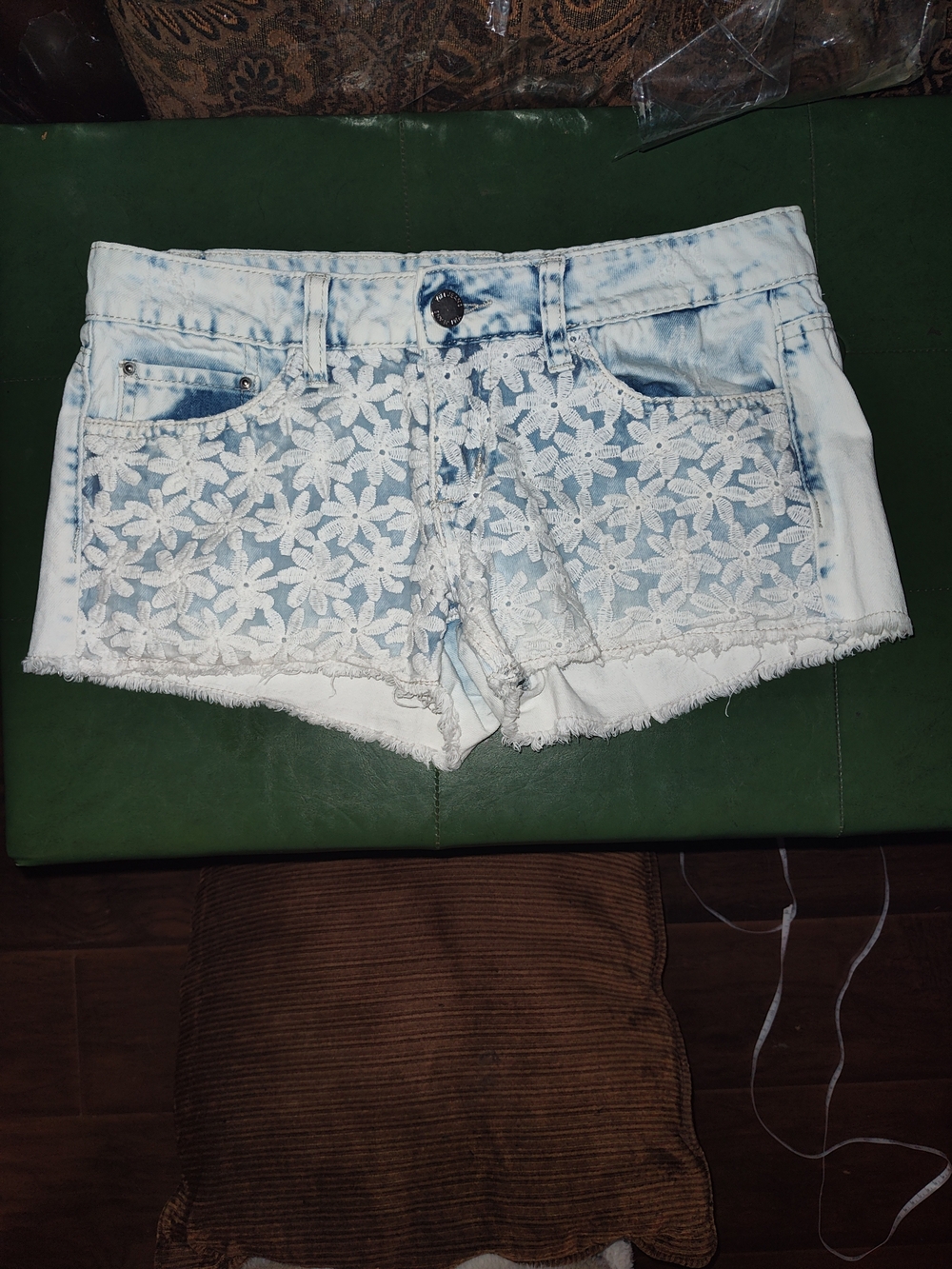 YMI White & Light Blue Floral Low Rise Waist Lace Denim Shorts With Frayed Hem
